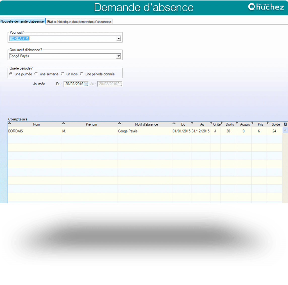 Ecran de gestion des demandes d'absence