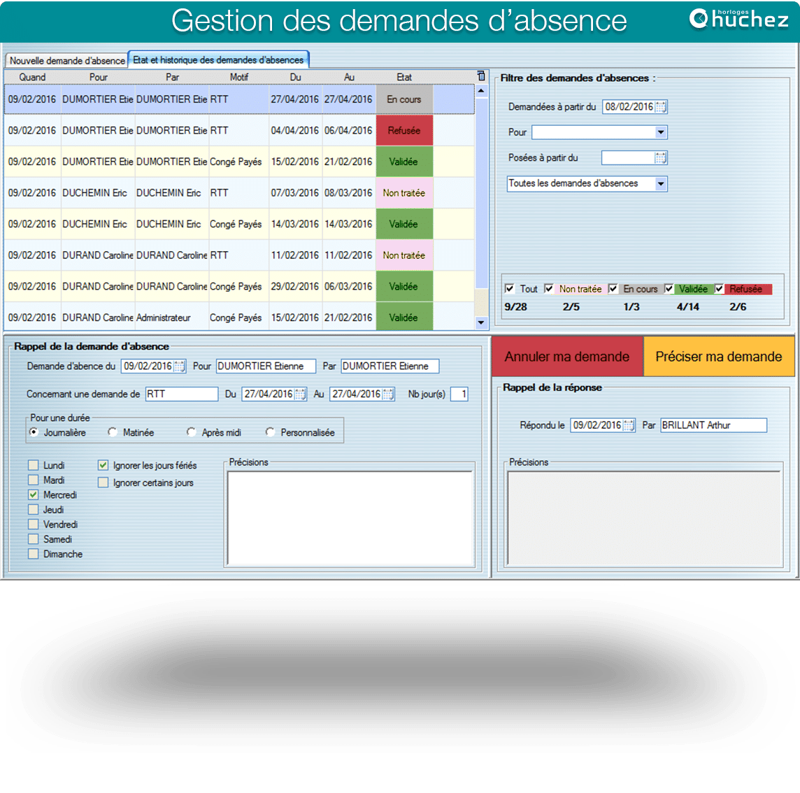 Ecran de gestion des abscences avec tableau