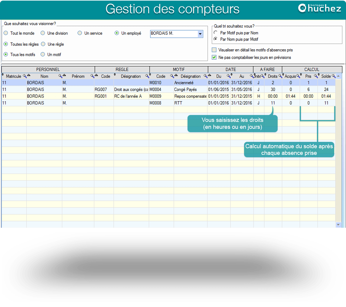 Ecran de gestion des compteurs pour congés