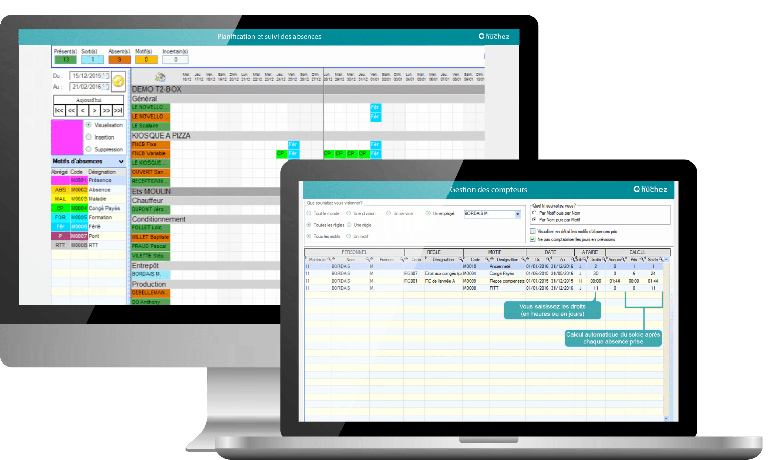 Ecran du logiciel de gestion des compteurs et planning des absences