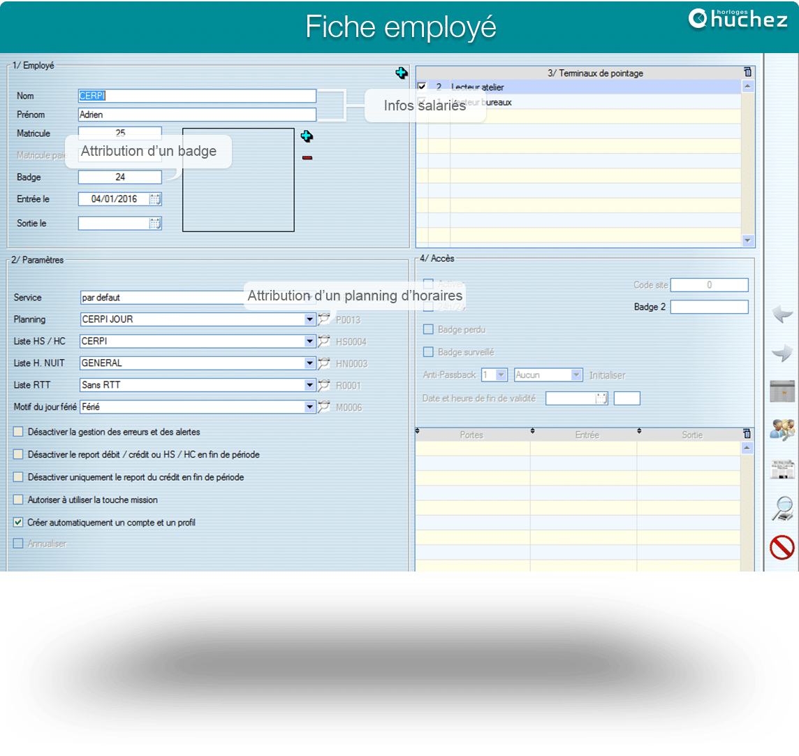 Logiciel de pointage onglet fiche employé