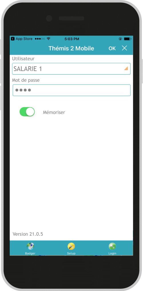 Ecran d'authentification application pointage Thémis par Huchez