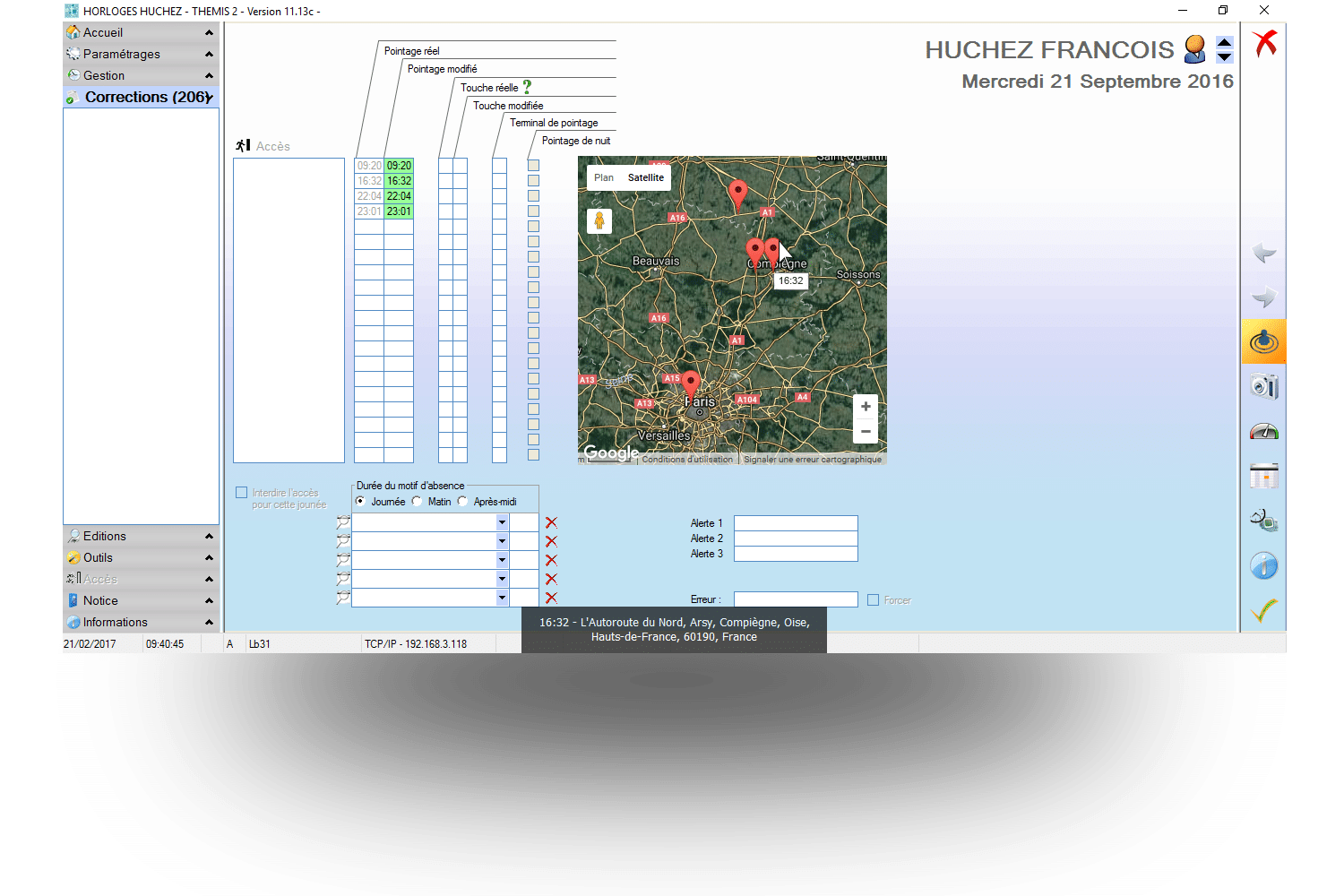 Ecran de consultation des pointages logiciel Huchez