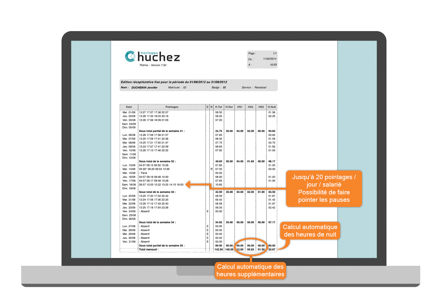 Logiciel de pointage Huchez avec tableau de présence des employés Capture d'écran tableau de présence logiciel de pointage